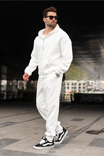 Madmext Ecru Double Zipper Hooded Tracksuit Set E7345