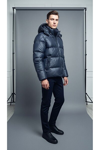 Plus Scorpion Navy Blue Puffer Jacket With a Hood and Zippered Pockets
