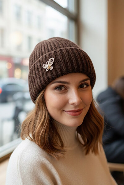 Modex Brooch Detail Line Pattern Folded Hat Beret