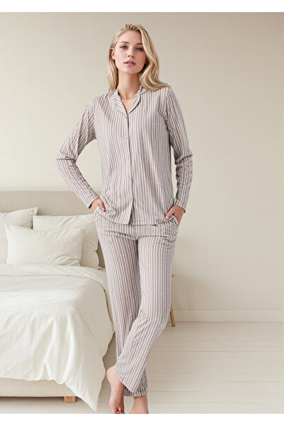 Loule Γυναικείο σετ πιτζάμες με λεπτομέρεια από βαμβακερό 100% βαμβάκι με διπλή τσέπη με κουμπιά