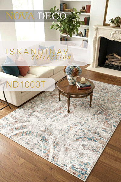 Nova Deco İskandinav Modern Halı - Eskitme Turkuaz & Bej Vintage Görünümlü Sa...