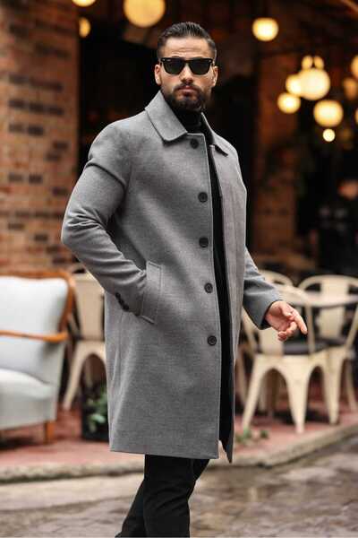 Endap Men's Oversized Gray Cashmere Coat with Hidden Button Detail