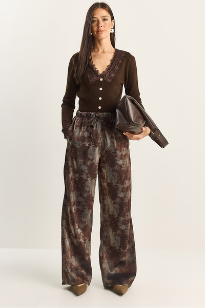 Bianco Lucci Women's Shiny Effect Wide Leg Trousers with Pocket Detail Dp251020 60283836