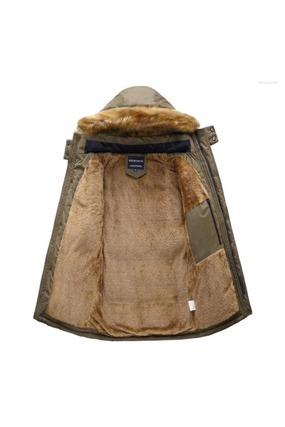 AyShop Thickened Detachable Fur Hooded Inside Fleece Mid-Length Coat Jacket Parka