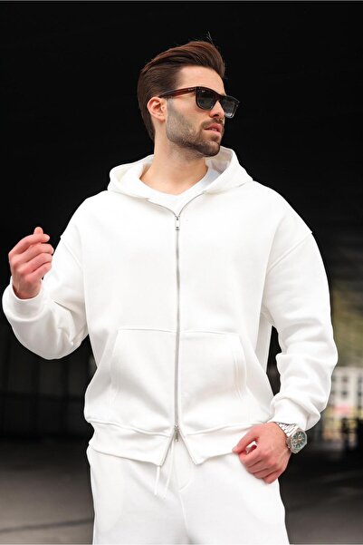 Madmext Ecru Double Zipper Hooded Tracksuit Set E7345