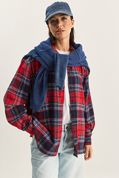 Bianco Lucci Women's Plaid Patterned Oversized Lumberjack Shirt Dg251056 60283837
