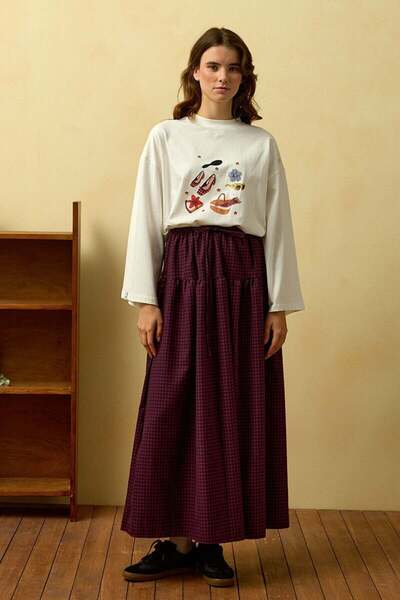 Ceylan Otantik Burgundy Polka Dot Ruffle Detail Polyviscose Skirt