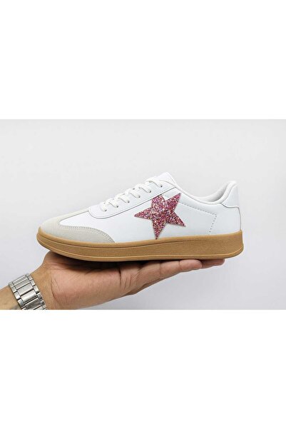 lias desing pembe pullu yıldız detay beyaz bağcıklı kauçuk taban spor ayakkab...