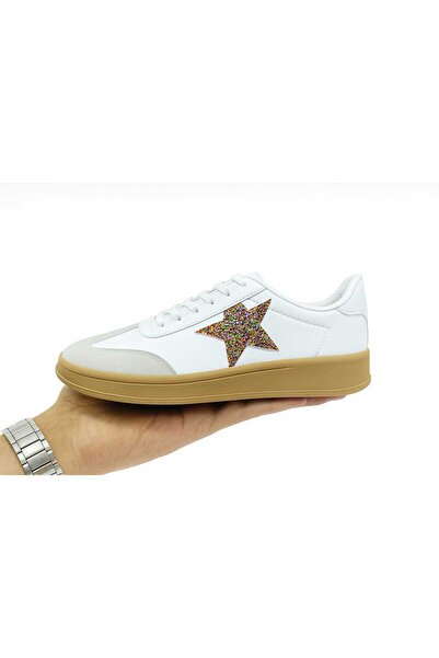 lias desing Colorful Sequin Star Detail White Rubber Sole Lace-Up Sneakers Sneaker