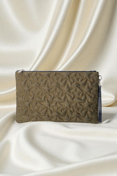 Ecrou Star Patterned Green Suede Portfolio Bag