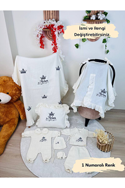 KARSU TASARIM İsme Özel Nakış İşlemeli %100 Pamuk Müslin Hastane Çıkış Seti T...