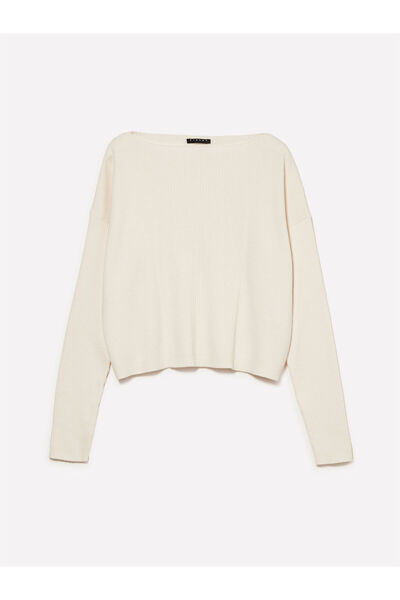 Sisley Cotton and Wool Blend Ribbed Boat Neck Sweater Women's Cream Sweater - 325A1Khtl106J