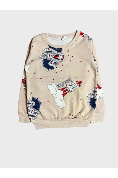 tusem butik homewear Boy's Cotton Fleece-Lined Beige Color Astronaut Missile Patterned Long Sleeve Winter Pajama Set