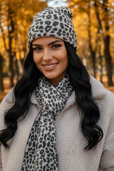 Trenderrs Women's Premium Leopard Patterned Scarf Beanie Set of 2