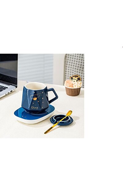 OEM Ceramic mug set with heating base, touch button, auto-off function, capacity 400 ml, Blue