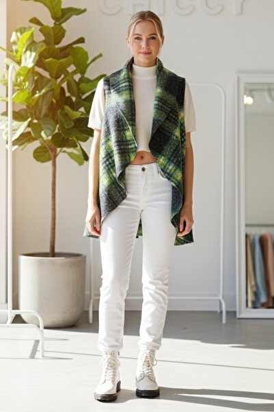 Chiccy Italian Black-Green Shawl Collar Sleeveless Plaid Without Closure Thick Acrylic Long O Oversized Woven Vest 85 68