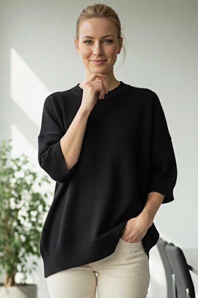 Chiccy Italian Black Crew Neck Short Sleeve Casual Acrylic Wide Cut O Oversized Knitwear Sweater 73 65