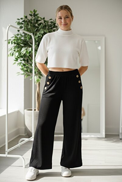 Chiccy Italian Black Pocketed Elastic Waist Wide Leg Slim Fi Corded Fabric Adife Woven Trousers 100 62