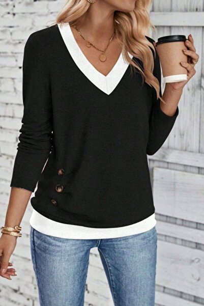 Mossta Long Sleeve Buttoned Wool Viscose Blouse - Black