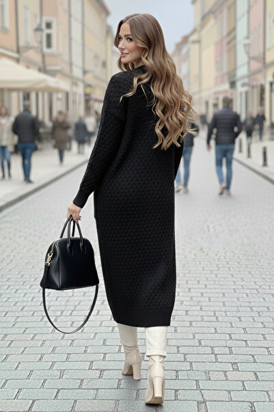 benguen Patterned Long Knit Cardigan with Pockets R4278 Black