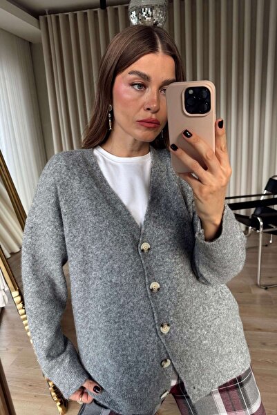 Sue Store Gray Buttoned Oversized Wool Textured Cardigan