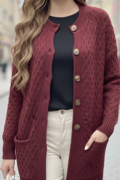 benguen Patterned Long Knit Cardigan with Pockets R4278 Burgundy