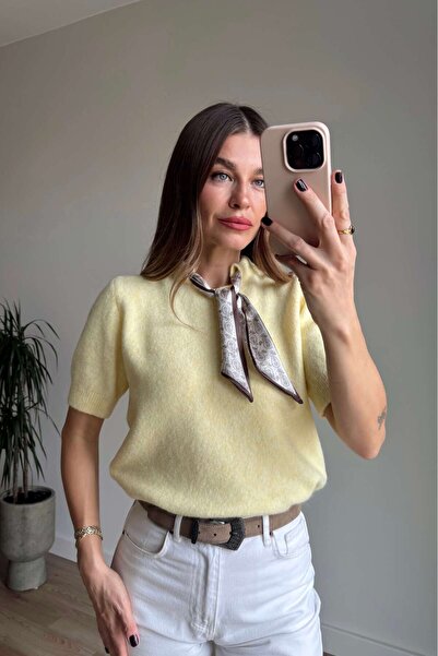 Sue Store Yellow Brown Scarf Short Sleeve Wool Blend Sweater