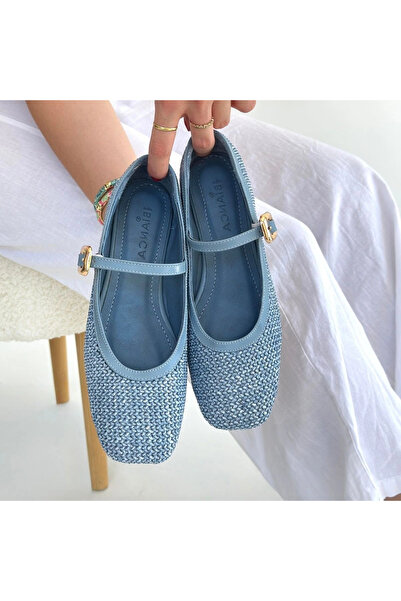 ALFA AKSESUAR 03 Rives Blue Leather Straw Woven Ballerina Shoes