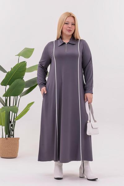 Siyezen Plus Size Striped Detail Polo Neck Dress