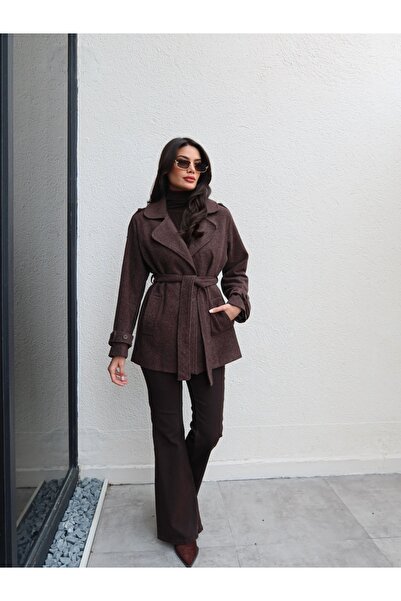 ESRAHELVACI Short Cashmere Coat with Sleeve Epaulettes and Tie