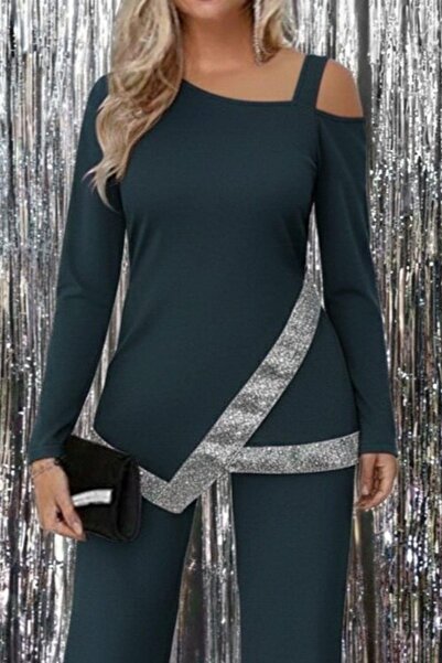 Mossta Asymmetrical Off-Shoulder Sequin Detailed Imported Crepe Blouse and Pants Two-Piece Set - Green