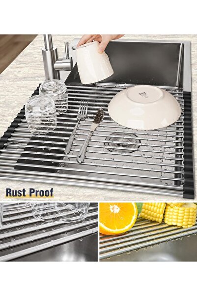 Generic Roll Up Dish Drying Rack Over Sink Drying Rack Sink Cover Kitchen Sink Accessories Black 21" x 15.5"