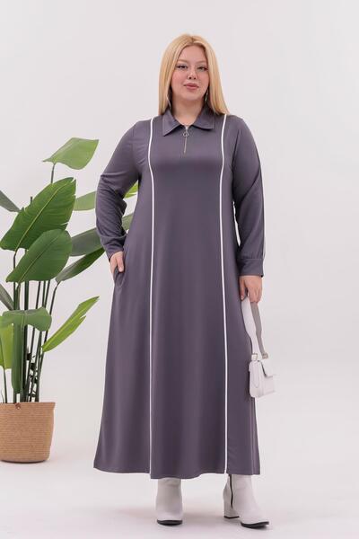 Siyezen Plus Size Striped Detail Polo Neck Dress