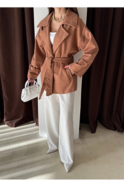 feme clothing Camel Oversized Belted Pocket Short Coat