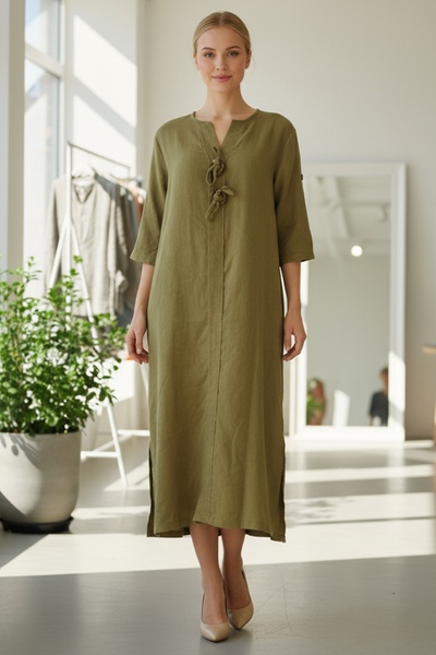 Chiccy Italian Mustard Color Buttoned 3/4 Sleeve Y Slit Slim Fi Corded Fabric Adife Long Woven Dress 120 55