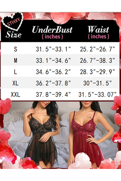 Sthxyfaith Womens 2 Piece Lace Sheer Mesh V Neck Babydoll Teddy Lingerie Set Wine Red Large