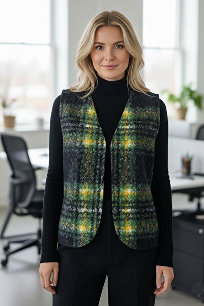 Chiccy Italian Black-Green V-Neck Sleeveless Plaid Non-Closed Thick Casual Acrylic Woven Vest 64 54