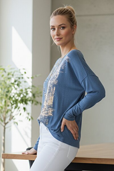 Chiccy Italian Jean Blue Pool Neck Long Sleeve Slim Varak Ba Printed Asual Angora Ov Oversized Riko Blouse 68 76