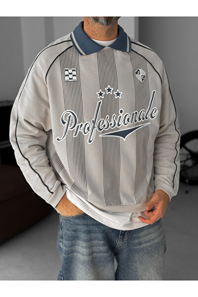 BYBASICMAN Gray Striped Printed Collar Sweatshirt Jj-128