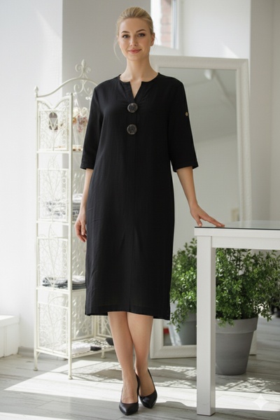 Chiccy Italian Black Buttoned 3/4 Sleeve Hidden Pocket Y Slit Slim Fi Corded Fabric Adife Long Woven Dress 120 55