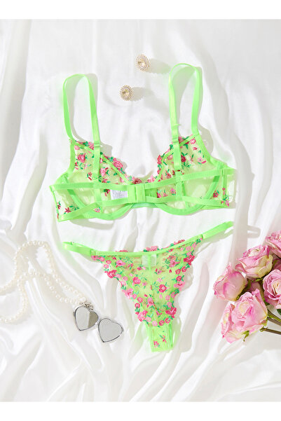 Sthxyfaith Womens 2 Piece Sexy Cute Underwire Push Up Strappy Heart Embroidered Mesh Sheer Lingerie Set