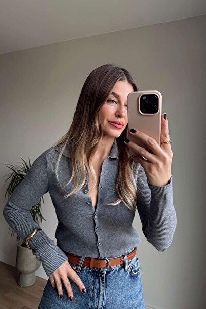 Sue Store Gray Button-Front Shirt Collar Sweater