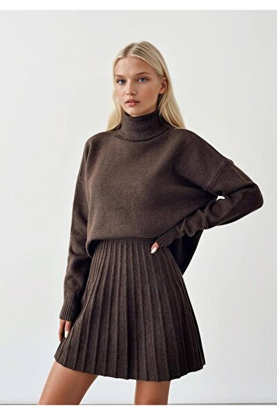 My Blog Brown Pleated Skirt High Neck Sweater Set - 7777