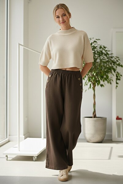 Chiccy Italian Brown Pocketed Elastic Waist Wide Leg Slim Fi Corded Fabric Adife Woven Trousers 100 62