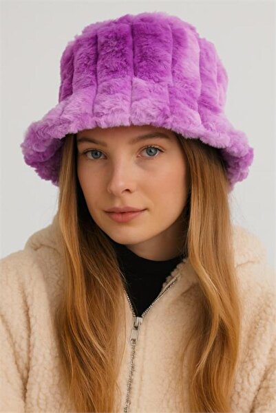 Neşeli Butik pălărie tip bucket din pluș pentru femei, cu material reiat mode...