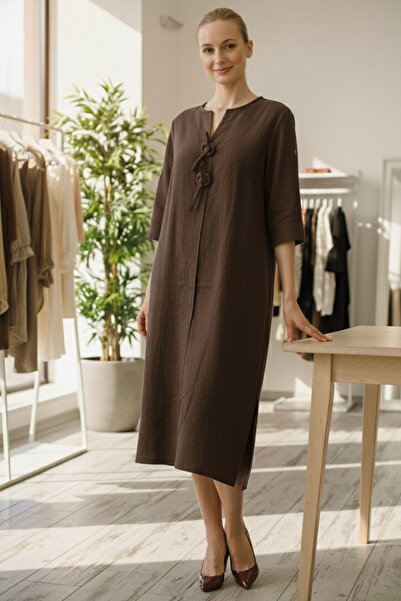 Chiccy Italian Brown Buttoned 3/4 Sleeve Y Slit Slim Fi Corded Fabric Adife Long Woven Dress 120 55