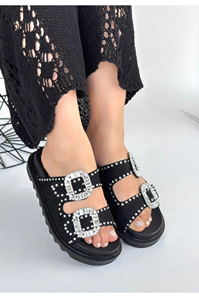 ALFA AKSESUAR 03 Juana Black Nubuck Stone Slippers