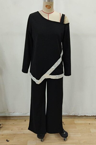 Mossta Asymmetrical Off-Shoulder Sequin Detailed Imported Crepe Blouse Pants Two-Piece Set - Black