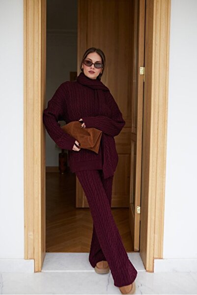 GALAVİP Women's Premium Soft Textured Scarf Hair Braided Knitwear Trouser Set