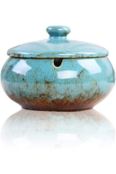 Generic Ceramic Windproof Ashtray with Lid, Tabletop Decor, 11.5 x 11.5 x 9 cm